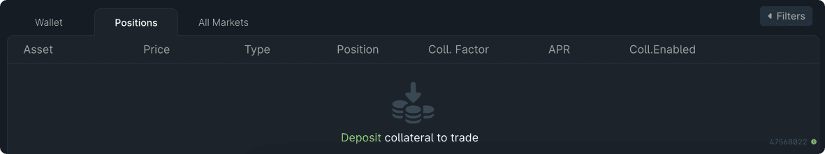1delta's empty Positions table prompting the user to deposit collateral to trade