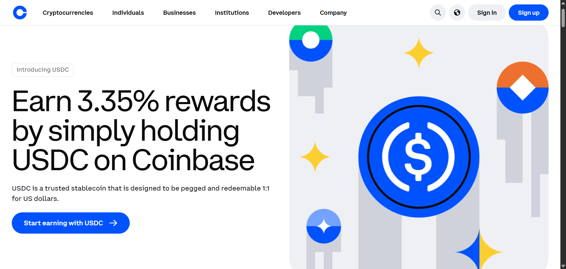 Coinbase's landing page advertising 3.35% rewards for simply holding USDC on the exchange