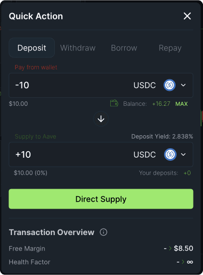 1delta's Quick Action panel on the Deposit tab, moving 10 USDC from the wallet into Aave at a 2.838% deposit yield