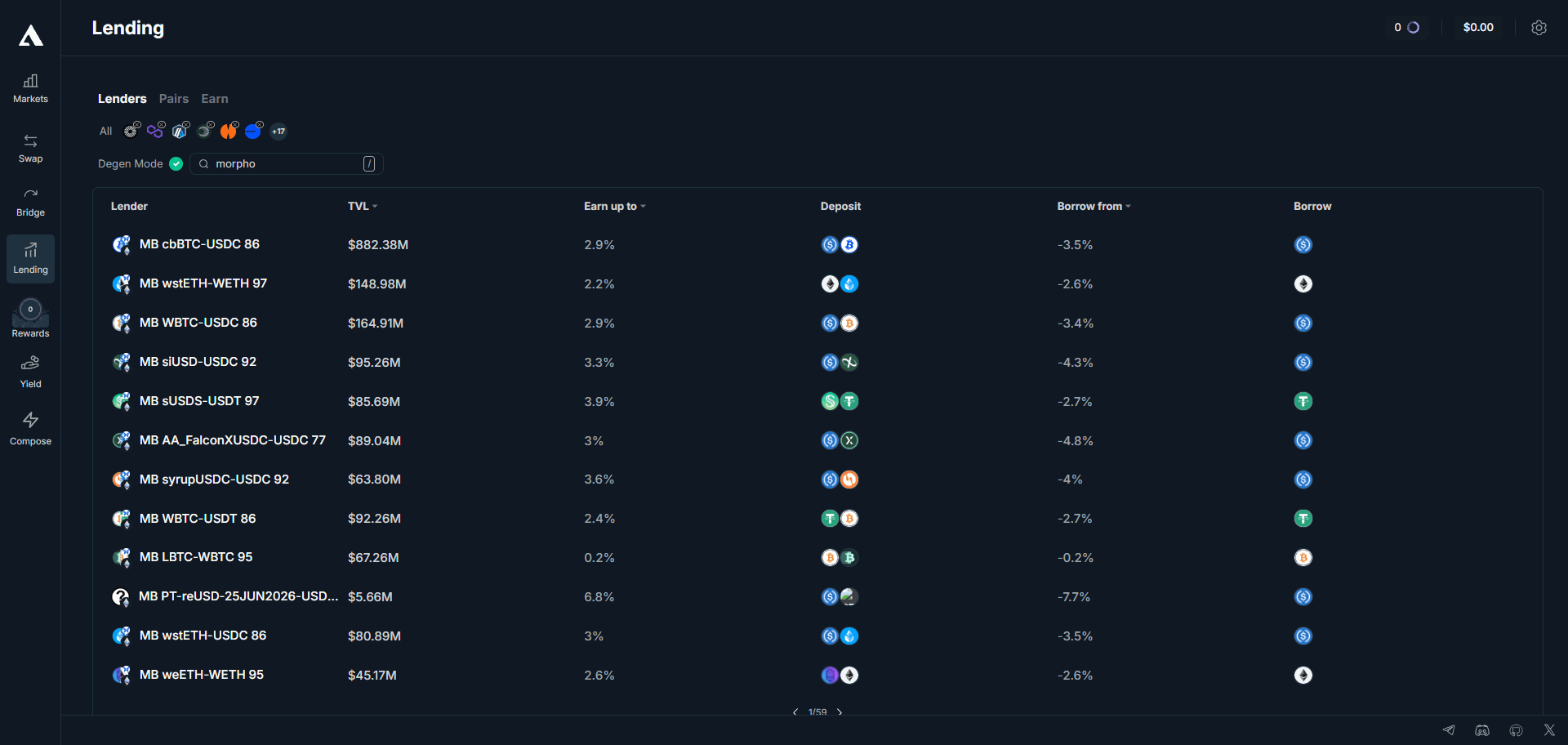 1delta's Lending tab filtered to Morpho, listing Morpho Blue markets with their TVL, earn-up-to rate and borrow rate