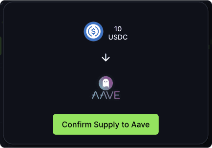 The deposit confirmation card: 10 USDC routed to Aave behind a Confirm Supply to Aave button